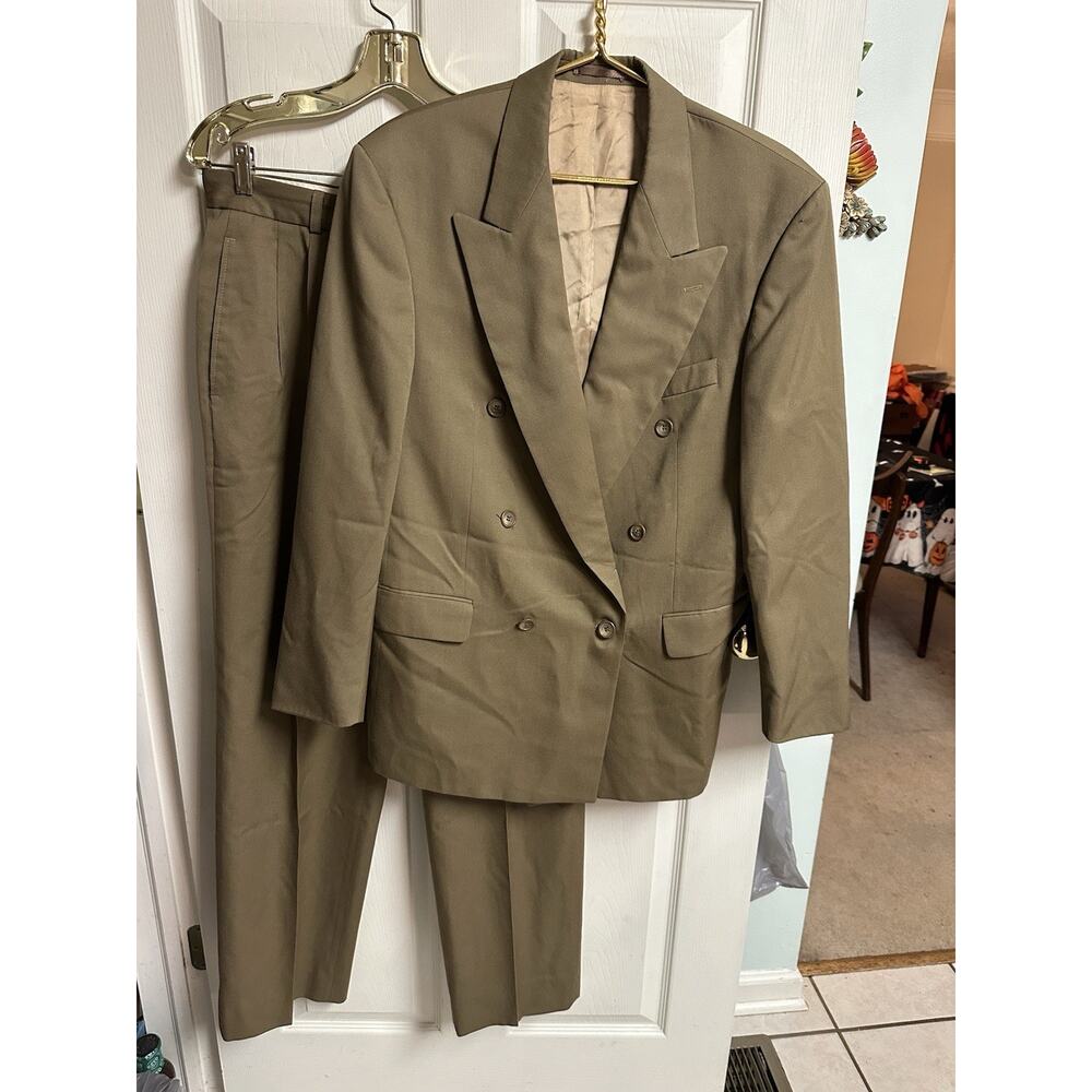 90s Double Breasted Suit Mens 42R Brown Wool Pants 32x30 Pleat PinHole Pleated